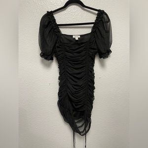 Black Rouched Mini Dress with Puff Sleeves